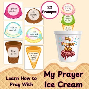 Actividad de oración imprimible para niños con helado, sugerencias de oración bíblicas, kit interactivo de oración con helado, estudio bíblico para niños, aprenda a orar