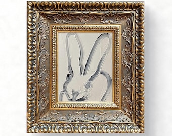 Original inramad abstrakt kaninmålning, svartvitt handmålat konstverk, olja, 8x10 träutsmyckad stil guldsvart ram, modern väggkonst