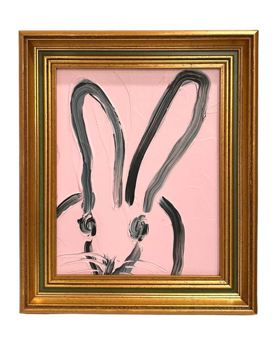 Original Framed Abstract Bunny Painting, Pink and Black Hand-Painted Artwork, Oil, 8x10 Wood Ornate Style Gold Green Frame, Modern Wall Art
