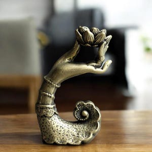 Vintage Brass Lotus Incense Holder: Hand Holding Flower Statue