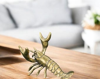 Vintage Style Brass Lobster Statue: Rustic Coastal Decor