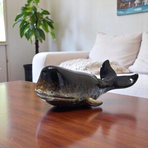 Modern Porcelain Whale Sculpture: Iron-Look Desk Ornament