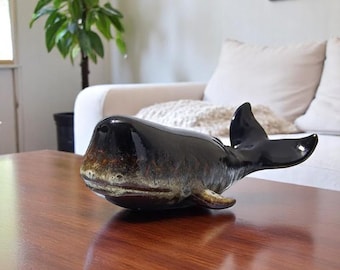 Modern Porcelain Whale Sculpture: Iron-Look Desk Ornament
