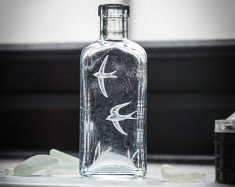 Hand Engraved Antique Glass Bottle, Two Swallows With Meadow Grasses, Original Tiny Art Gift, One Of A Kind Engraving Artwork