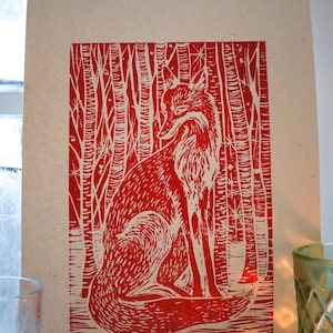 Fox Linocut Print, Original Art, Fox With Stars And Birch Trees, Gift For Wildlife Lovers