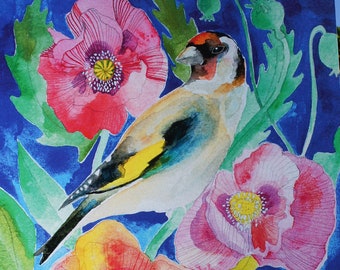 Goldfinch Painting, Gouache And Watercolour Painting, Goldfinch With Poppies, A4 Archival Art Print