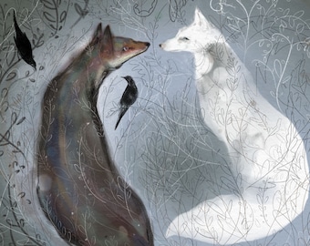 May include: A watercolour illustration of two foxes facing each other. One fox is white and the other is brown. They are surrounded by delicate white vines and black birds.