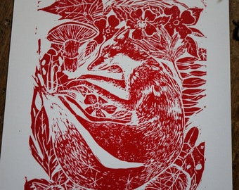 Red Fox Linocut Print, Fox Wall Decor, Gift For Wildlife Lovers