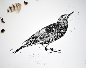 Starling Linocut Print, Bird Linocut Print, Wildlife Art Print, Starry Starling