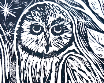 Linocut Print, Owl With Stars, Art Print