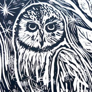 Owl With Stars Linocut A4 Print