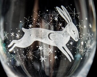 Hand Engraved Crystal Wine Glass, Hare With Moon And Stars, Dartington Crystal Wine Glass