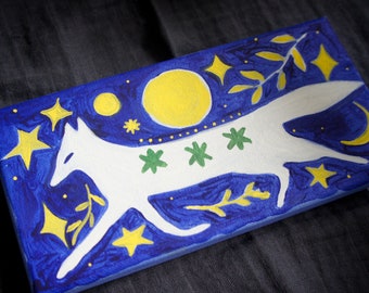 Starry Moon Fox Acrylic On Canvas Original Miniature Painting