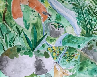 Pintura de acuarela de vida silvestre, obra de arte original