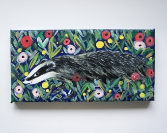 Badger Painting, Badger In Wildflowers Original Acrylic Painting On Canvas