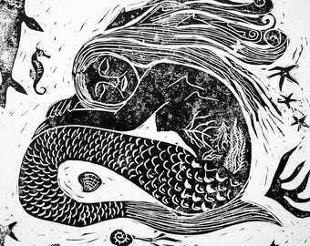 Sleeping Mermaid Linocut Print, Sea Siren, Ocean Myth Art