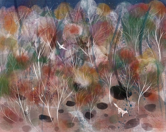 Autumnal Forest Art Print: Owl & Fox Nursery Wall Decor
