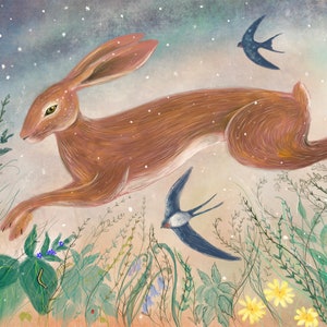 Hare Art Print, “Hare With Summer Swallows”, Spring Wall Art