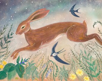 Hare A4 Art Print, Hare With Swooping Summer Swallows