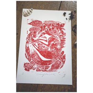 Red Fox Linocut Print, Fox Wall Decor, Gift For Wildlife Lovers
