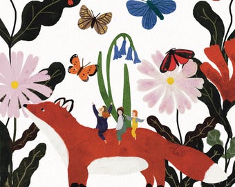 Fox With Wildflowers, A4 Art Print, Girls Room Decor, Nursery Wall Decor, Cottagecore Wall Art