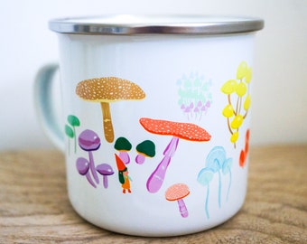 Toadstool Mug, Enamel Camping Mug, Woodland Fungi, Snail And Gnome Gardeners