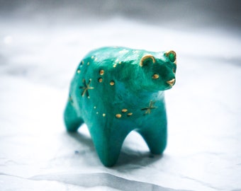 Tiny Bear Sculpture, Handmade Green Star Bear