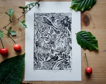 Linocut Print, In The Hedgerow, Nightjar, Wood Pigeon And Wren