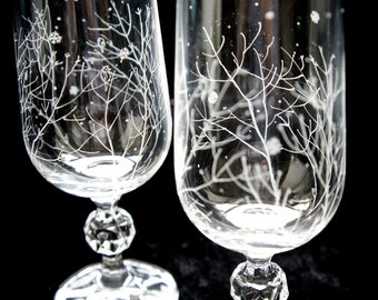Hand Engraved Champagne Flutes, Winter Snowfall, Woodland Birds And Winter Trees, Bohemia Crystal Glasses