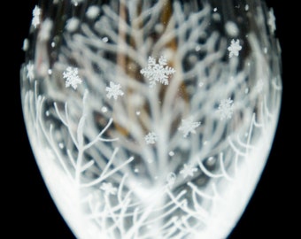 Hand Engraved Dartington Crystal Wine Glass, Reaching Branches, Tiny Snowflakes, Woodland Birds And Snowfall