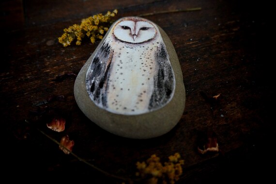 Barn Owl Painted Stone Paper Weight Etsy