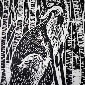 Linocut Fox Print Artwork, Handmade Print Wall Decor, Forest Fox
