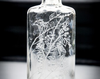 Hand Engraved Tiny Antique Glass Bottle, Spring Themed Engraving Featuring Blossom, Leaves And Little Woodland Birds