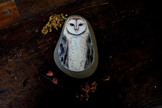 Barn Owl Painted Stone Paper Weight Etsy