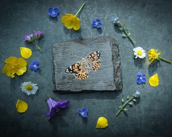 Painted Lady Butterfly, Original Painting On Welsh Slate