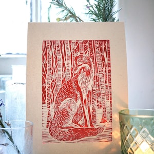 Stampa linoleografica di volpe, opera d'arte originale, volpe con stelle e betulle, regalo per gli amanti della fauna selvatica