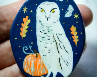 Owl Brooch, Handmade Miniature Original Painting