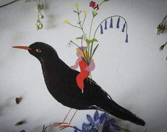 Fairy Wall Art, Fairy  With Posy And Blackbird, Art Print, Nursery Wall Decor