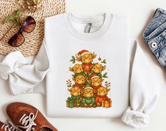 Highland Cow Christmas Sweatshirt, Cute Cow Christmas Tree Shirt, Funny Farm Animal Holiday Sweatshirt, Merry Christmas Cow Shirt