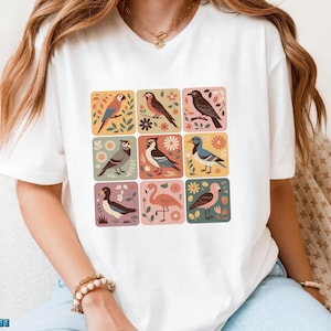 Cottagecore Birds and Flowers Shirt, Folk Art Scandi Art T-Shirt, Bird Gifts, Flower Gift, Gift For Her