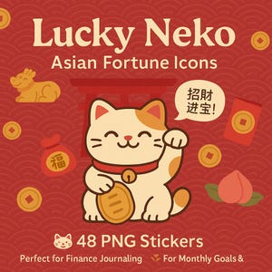 Kawaii Glückskatzen Sticker – Maneki Neko | Digitaler Download PNG für Planer, Scrapbook, Journal, Good Luck asian Clipart