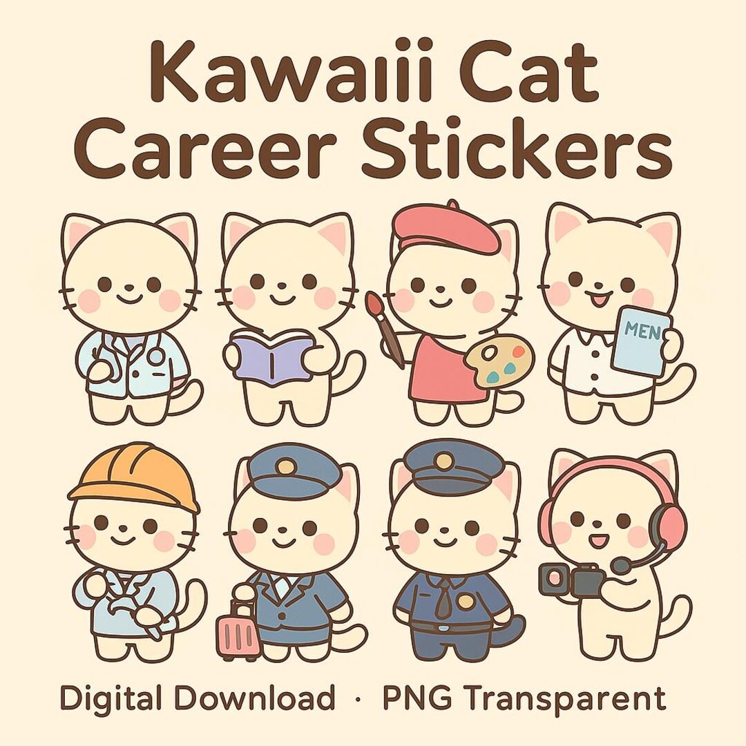 Kawaii Cat Career Sticker Set | 48 PNG Stickers | Cute Profession ...