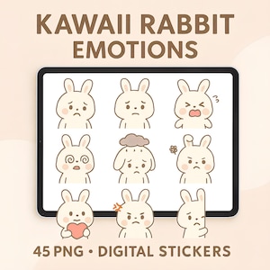 Kawaii Kaninchen Emotionen - 45 süße Hasen Gesicht PNG Aufkleber | Digitaler Download für GoodNotes, iPad und Digital Journal