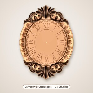 May include: An oval wall clock face with a light copper finish and dark brown carved accents. The clock features Roman numerals from I to XII and a Greek key border pattern. The text "Carved Wall Clock Faces - 134 STL Files" is visible.