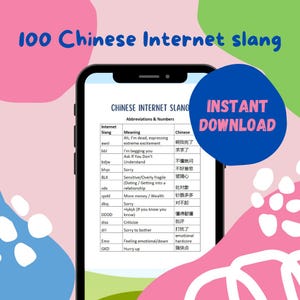 Könnte beinhalten: Ein Screenshot eines Telefons, auf dem eine Liste mit chinesischen Internet-Slang-Begriffen und deren Bedeutungen angezeigt wird. Die Liste ist in drei Spalten geordnet: Internet-Slang, Bedeutung und Chinesisch. Das Telefon befindet sich auf einem rosa und grünen Hintergrund mit dem Text "100 Chinese Internet Slang" oben und "INSTANT DOWNLOAD" oben rechts.