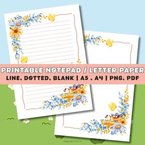 May include: Printable notepad and letter paper with floral and butterfly designs. The paper features lined, dotted, and blank pages in A5 and A4 sizes. The design includes watercolor illustrations of blue flowers, yellow butterflies, and honey pots.