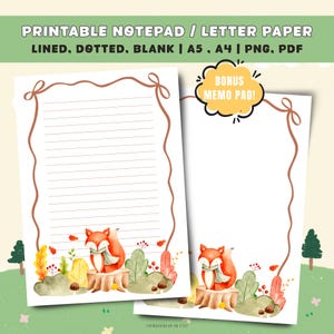 May include: Two printable stationery sheets featuring a brown wavy border with a bow at the top. One sheet is lined, and the other is blank. Both feature a watercolor illustration of a fox wearing a scarf sitting on a tree stump with foliage.