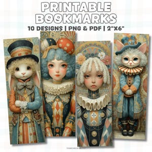10 nyckfulla utskrivbara vintagebokmärken | Cirkus- och fantasifigurer | 5x15 cm | PNG, PDF (US Letter + A4)