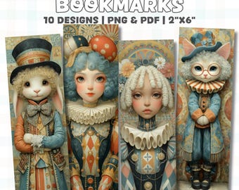 10 signets imprimables vintage fantaisistes | Personnages de cirque et fantastique | 2 x 6 po. | PNG, PDF (format US Letter + A4)