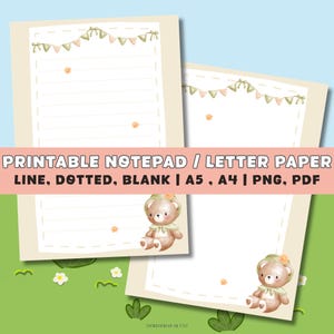 May include: Two printable notepads with a light beige border and a light blue background. The notepads have a watercolor design with a teddy bear and a banner. The text on the image says "PRINTABLE NOTEPAD / LETTER PAPER".